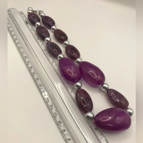 Chunky Purple Acrylic & Silver-Tone Bead Necklace - Picture 6 of 7